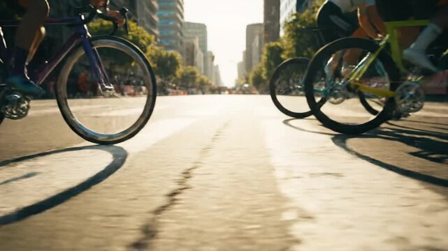 A dynamic ground-level perspective captures a group of cyclists in a high-speed race on a city avenue, with long shadows stretching on the road