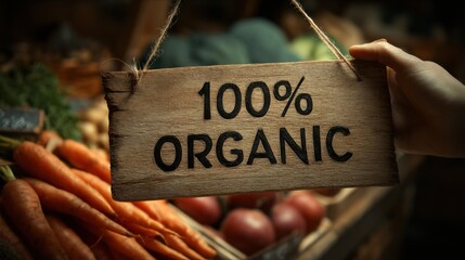 Market stall showing sign of 100 percent organic produce with fresh vegetables and fruits in background