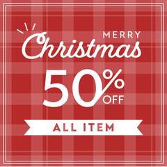 チェック柄のクリスマスセールバナー（赤&times;白・50%OFF・冬の販促デザイン）
