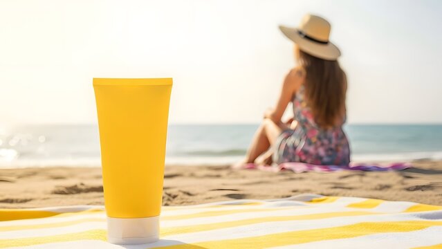 Sunscreen bottle on a beach towel with a person relaxing in the background