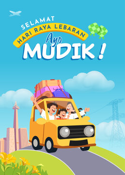 Family Mudik 2026 Illustration with Yellow Car Full of Luggage for Eid Homecoming Trip. Translation : Home Coming for Eid al Fitr Celebration. 