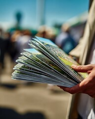 Person holding a fan of maps outdoors