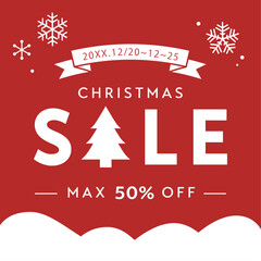 赤背景のクリスマスセールPOP（ツリー・雪・50%OFF・冬の販促バナー）