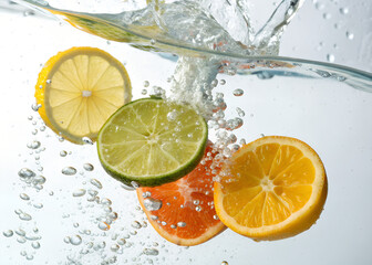 Citrus Symphony: A vibrant ensemble of citrus fruits, sliced and submerged in crystal-clear water, creating a refreshing splash. 
