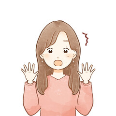 Colored pencil style woman mini character with a surprised expression, soft and gentle hand-drawn illustration conveying a warm, startled reaction／色鉛筆タッチの優しい大人ミニキャラ（女性・びっくり・驚き）柔らかくあたたかい手描きイラスト