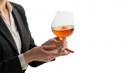 Person in suit holding a glass of amber liquid