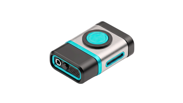 Compact Bluetooth Audio Receiver Device with Silver Metallic Casing and Cyan Accents Isolated on a Clean White Background Studio Shot