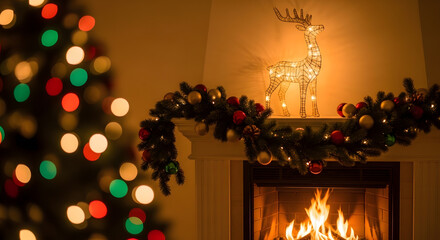 Bright Christmas tree with burning candles and holiday decorations shine in the dark night with bokeh light