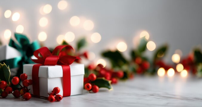 White gift box with red ribbon, white gift box with green ribbon, holly berry decoration, bokeh lights, marble surface, festive table centerpiece, Christmas present wrapped with satin bow - Powered by Adobe