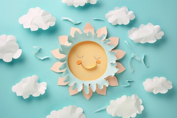 Whimsical paper sun with fluffy clouds on a blue background