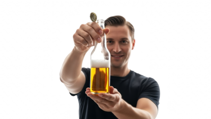 Man holding a refreshing bottle of beer with foam against a black background