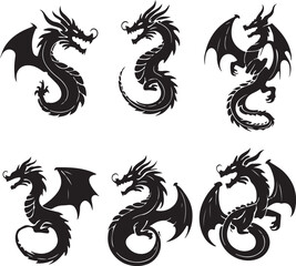 Dragon silhouette logo icon vector bundle set on a clean white background .