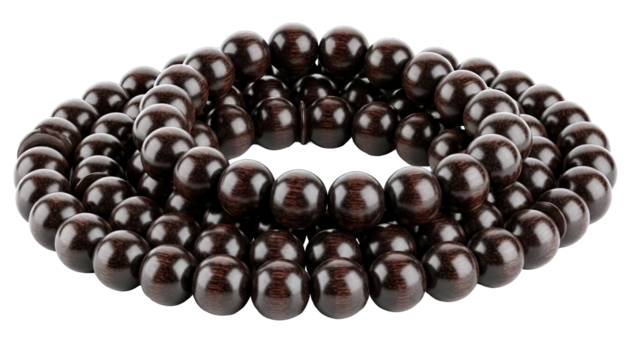 Dark Brown Wooden Beaded Necklace Arrangement On A White Background With Isolated Object And Studio Lighting