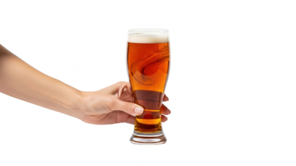 Hand holding a tall glass of amber beer with foam on black background