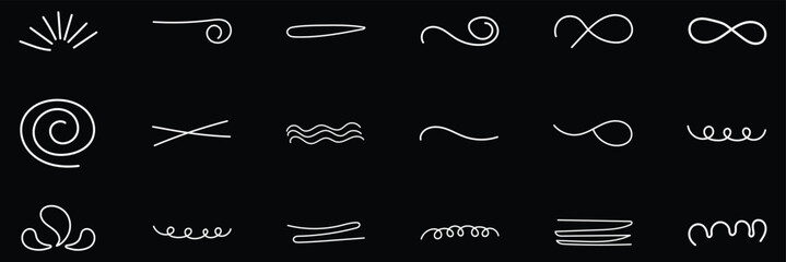 Vector hand drawn brush underline element set for accent, crayon texture emphasis element. Brush scribble underline. Marker pen line highlight swoosh stroke. Vector underline set. Doodle grunge lines.