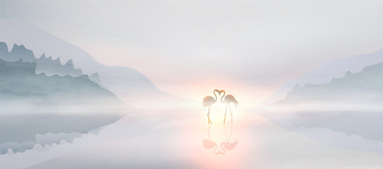 Landscape art background with mountains, hills, forest, and flamingos on the water, all in a watercolor style. A natural banner for decor, prints, wallpaper, textiles, and interior design.