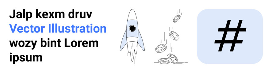 Obraz premium Rocket taking off alongside coins in motion and a metadata tag sign symbolizing innovation, growth, success. Ideal for entrepreneurship, finance, digital marketing, social media, innovation