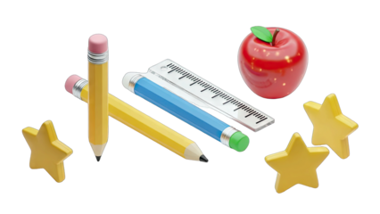 Colorful School Supplies Including Pencils Ruler Apple And Stars Arranged On Transparent Background For Back To School Concept