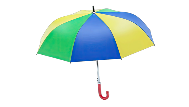 Colorful Umbrella With Yellow Green And Blue Panels And Red Handle Isolated On Transparent Background Perfect For Weather Protection and Outdoor Activities
