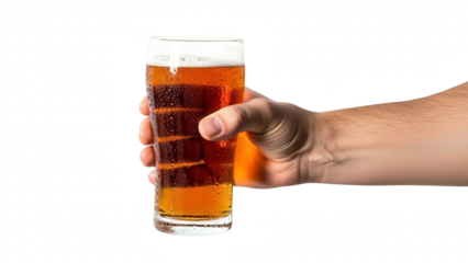 Hand holding a tall glass of amber beer with foam against a black background