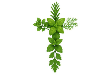 Green basil, mint, rosemary, and parsley herbs forming a christian cross, symbolizing faith, nature, and spirituality