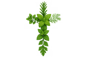 Green basil, mint, rosemary, and parsley herbs forming a christian cross, symbolizing faith, nature, and spirituality