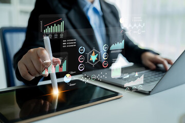 A data analytics interface for visualizing business performance metrics. A collection of charts and graphs for strategic reporting and company analysis. Motif
