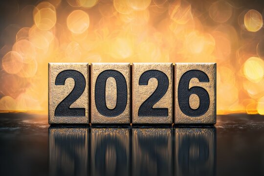 2026 numerical blocks on a reflective surface with golden bokeh lights, symbolizing new year, future, and celebration