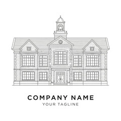 Elegant Architectural Drawing of a Grand Building Facade with a Central Bell Tower.