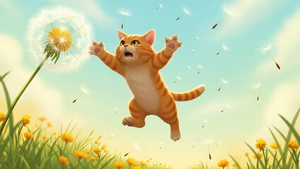 Funny animated ginger cat with a shocked expression midair.