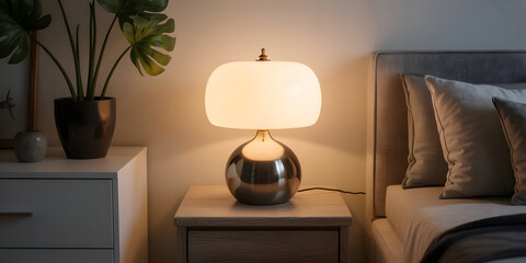 Illuminated bedroom nightstand lamp casting a warm glow on bedside decor.