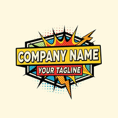 Dynamic Comic Book Style Logo with Company Name and Tagline.