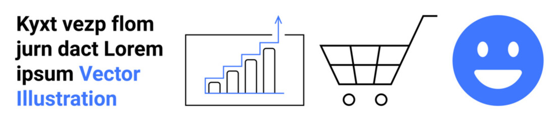 Fototapeta premium Business growth, online shopping, customer satisfaction, ecommerce, market trends, analysis tools. Features bar chart with growth arrow, shopping cart happy face. Business growth and online shopping