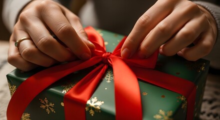 Person's hands tying a vibrant red ribbon around a wrapped gift box.