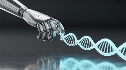 Robotic Hand Holding Glowing DNA Strand Symbolizing AI-Driven Genetic Research and Biotechnology Innovation