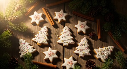 Festive Christmas cookies, star-shaped and tree-shaped, arranged on wooden surface.