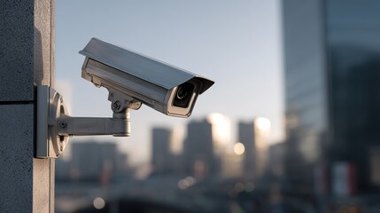 A security camera mounted on a wall captures the urban environment. The image shows modern surveillance technology. It highlights safety and monitoring. AI. High quality