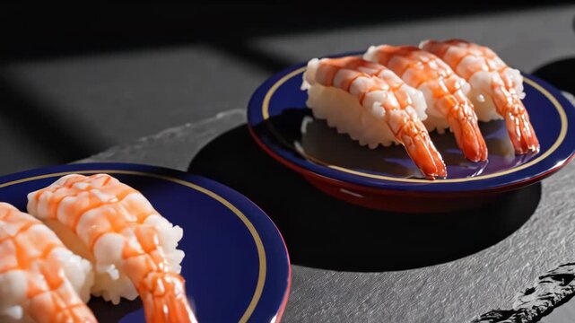 Plated Cooked Shrimp Nigiri Sushi on Dark Slate Background