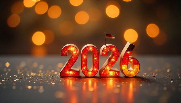 Frohes neues Jahr, Silvester Party, Neujahr Gru&szlig;karte, Flagge Deutschland - Deutschlandflagge Jahreszahl 2026 und Wunderkerze auf Tisch, Bokeh Lichter im Hintergrund created with generative ai