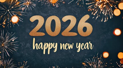 Golden glitter 2026 numbers and happy new year greeting text on dark background, framed by festive firework explosions