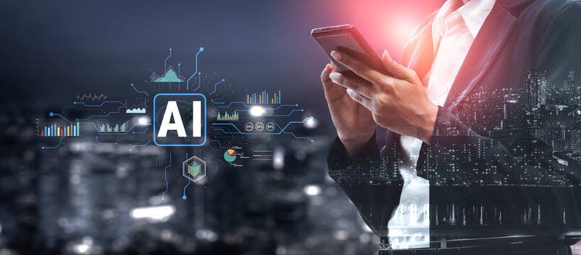 Artificial Intelligence (AI) for business data analysis and analytics. A concept of using AI for data visualization, reporting, and insights. Motif