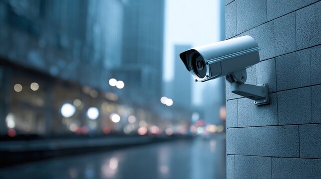 A security camera mounted on a wall captures the urban environment. The image shows modern surveillance technology. It highlights safety and monitoring. AI. High quality