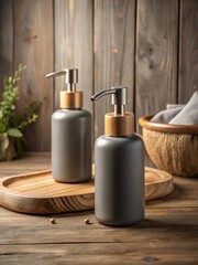 Two gray bottles with light brown wooden pump dispensers on a rustic table in a bathroom setting