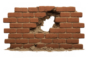 Broken red brick wall structure with a large hole, demonstrating damage, decay, ruin, and grunge architectural texture