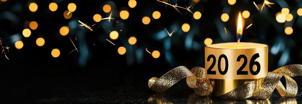 Golden candle with 2026 numbers celebrating New Year with sparkling bokeh lights and copy space on black background