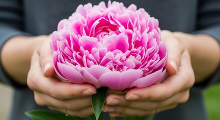 Delicate pink peony flower being held gently in a pair of hands