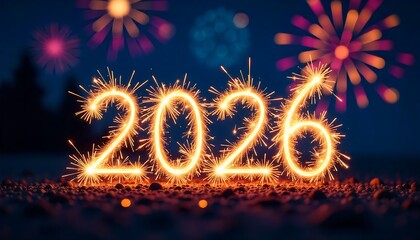 happy new year, new year's eve, silvester, new year, sparklers celebration greeting card, new year card - Year 2026 in sparkler font and firework fireworks pyrotechnic, created with generative ai