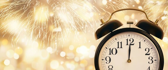 Alarm clock showing midnight, celebrating a New Year's Eve countdown with golden fireworks and bokeh lights. Copy space