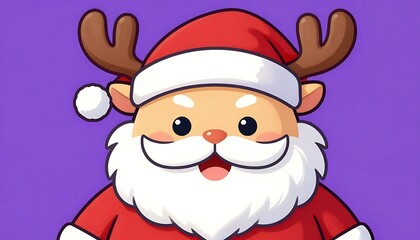 Merry Christmas concept holiday vacation winter greeting card - Cute santa claus cat with santa hat and reindeer antlers, isolated on purple backgroun created with generative ai