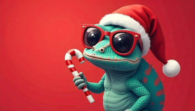 Merry Christmas concept holiday vacation winter animal pet greeting card - Cool chameleon with sunglasses and santa claus hat, isolated on red template banner created with generative ai